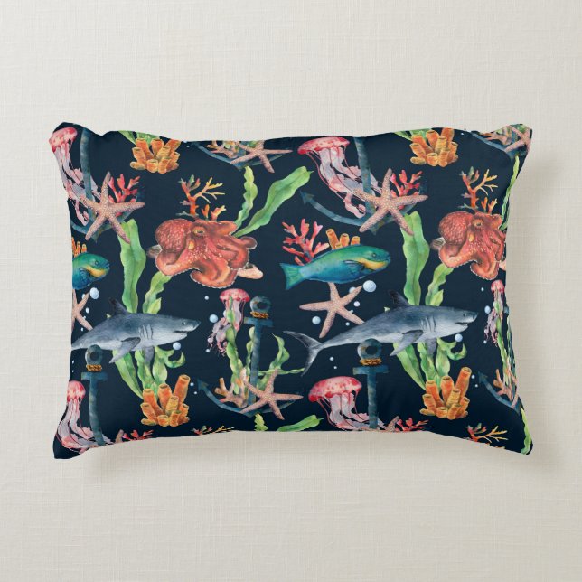 Watercolor seamless pattern with shark and laminar accent pillow (Front)