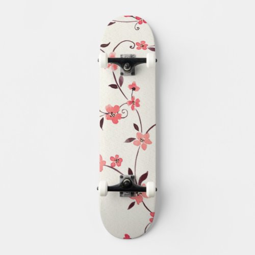 Watercolor seamless pattern with styled spring skateboard deck