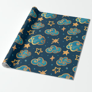 Watercolor seamless pattern with the moon, stars, wrapping paper
