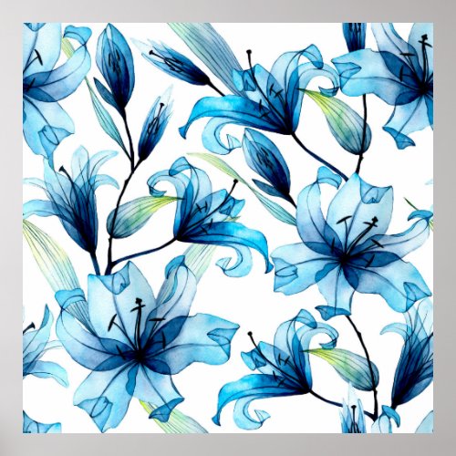 watercolor seamless pattern with transparent flowe poster