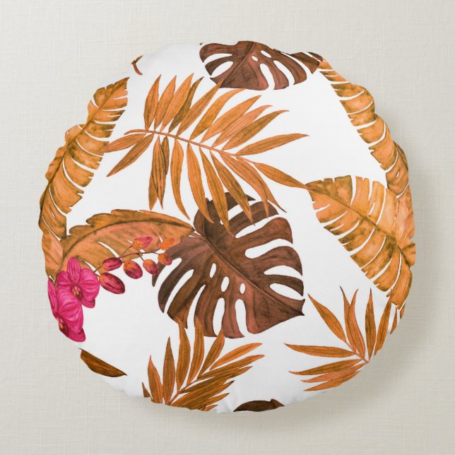 Watercolor seamless pattern with tropical leaves a round pillow (Front)