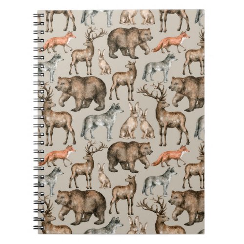 Watercolor seamless pattern with wild forest anima notebook