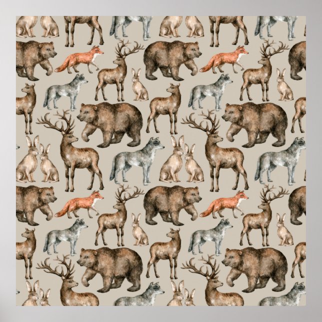 Watercolor seamless pattern with wild forest anima poster (Front)