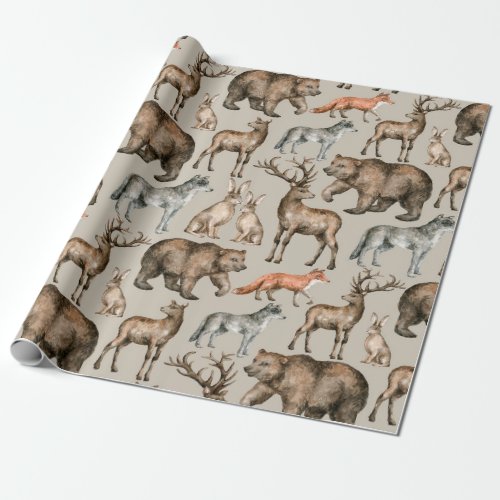 Watercolor seamless pattern with wild forest anima wrapping paper