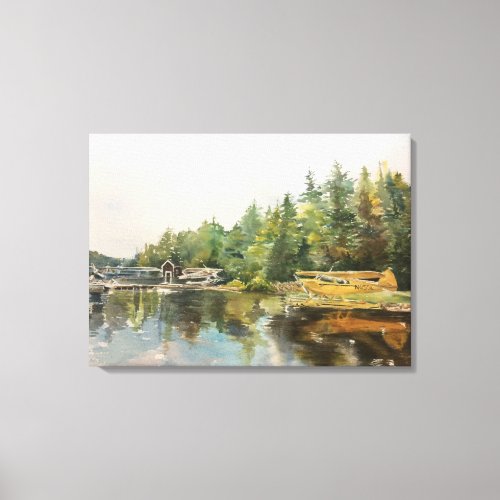Watercolor Seaplane Adirondacks Lake Forest Green  Canvas Print