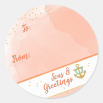 Watercolor Seas &amp; Greetings Anchor &amp; Stars Coral Classic Round Sticker
