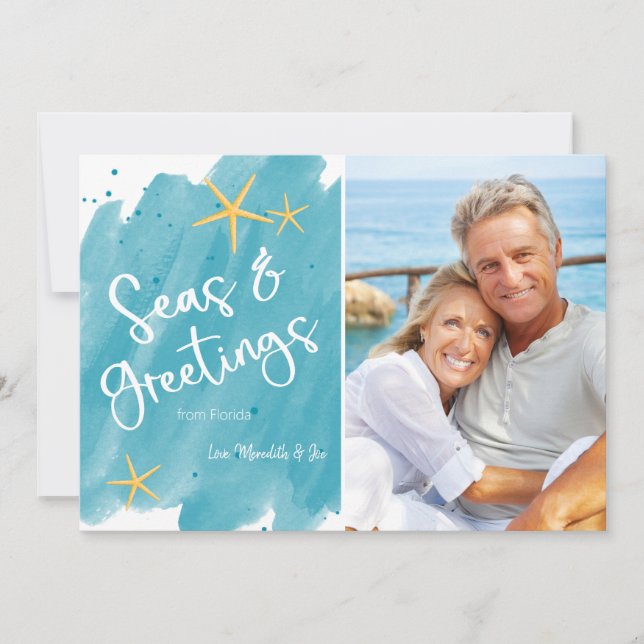 Watercolor Seas & Greetings Beach Holiday Card (Front)