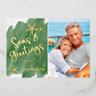Watercolor Seas & Greetings Green  Foil Holiday Card