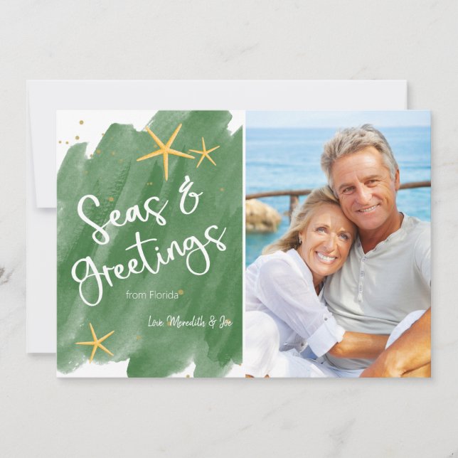 Watercolor Seas & Greetings Green Holiday Card (Front)