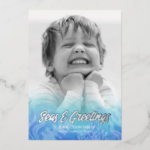 Watercolor Seas & Greetings Silver Foil Foil Holiday Card