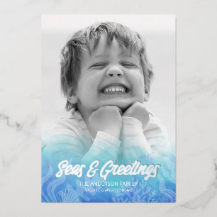 Watercolor Seas & Greetings Silver Foil Holiday Card