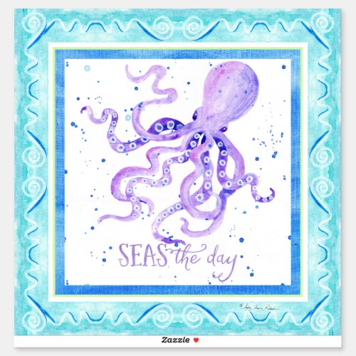 Watercolor Seas the Day Beach Blue Purple Octopus Sticker