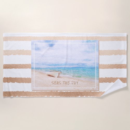 Watercolor Seas The Day Beached Fishing Boat Beach Towel