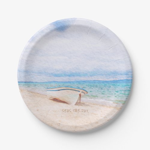 Watercolor Seas The Day Beached Fishing Boat Paper Plates