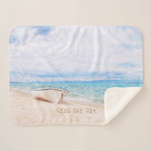 Watercolor Seas The Day Beached Fishing Boat Sherpa Blanket