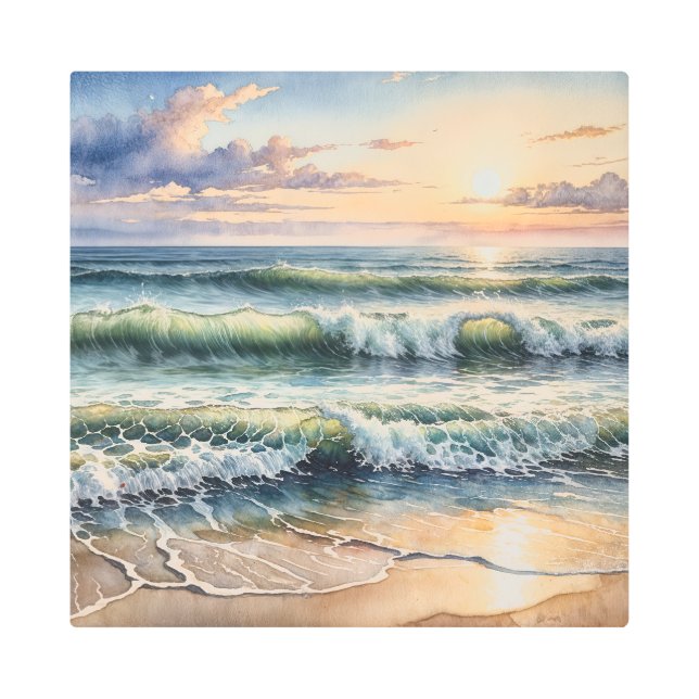 Watercolor Seascape At Sunrise Metal Print (Front)