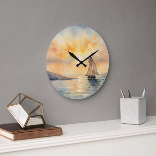 Watercolor Seascape Background  Large Clock