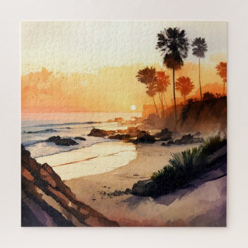 Watercolor Seascape Beach Sunset  Jigsaw Puzzle