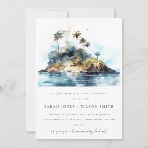 Watercolor Seascape Palm Tree Island Anniversary Invitation