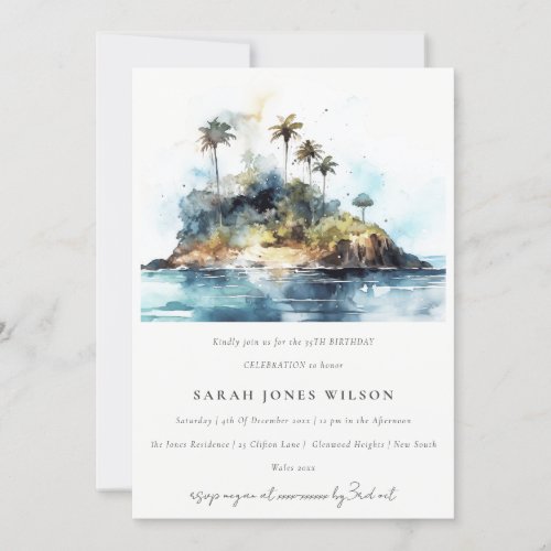 Watercolor Seascape Palm Tree Island Birthday Invitation