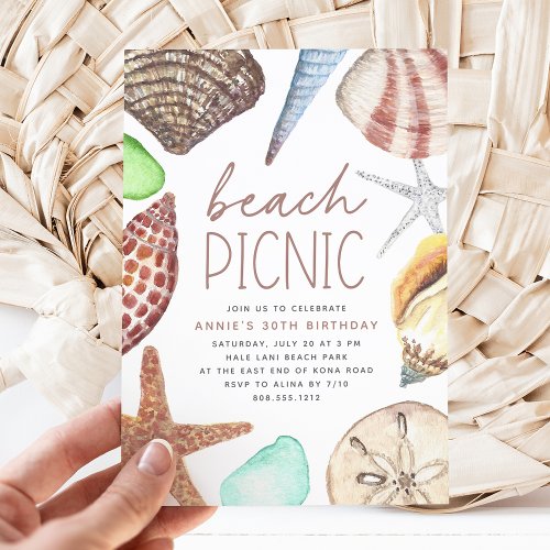 Watercolor Seashell Any Occasion Beach Picnic Invitation