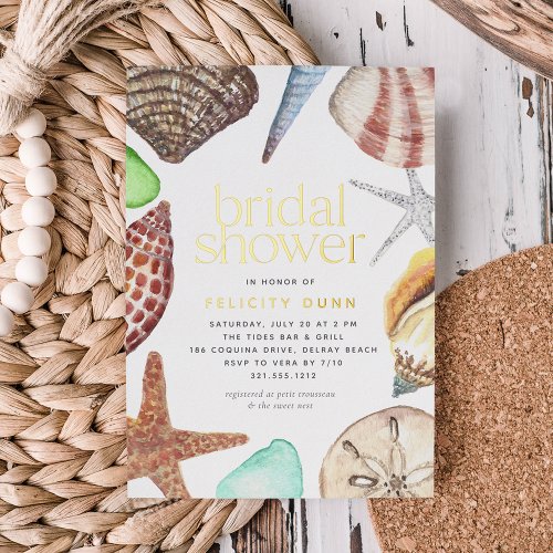 Watercolor Seashell Beach Bridal Shower Gold Foil Invitation