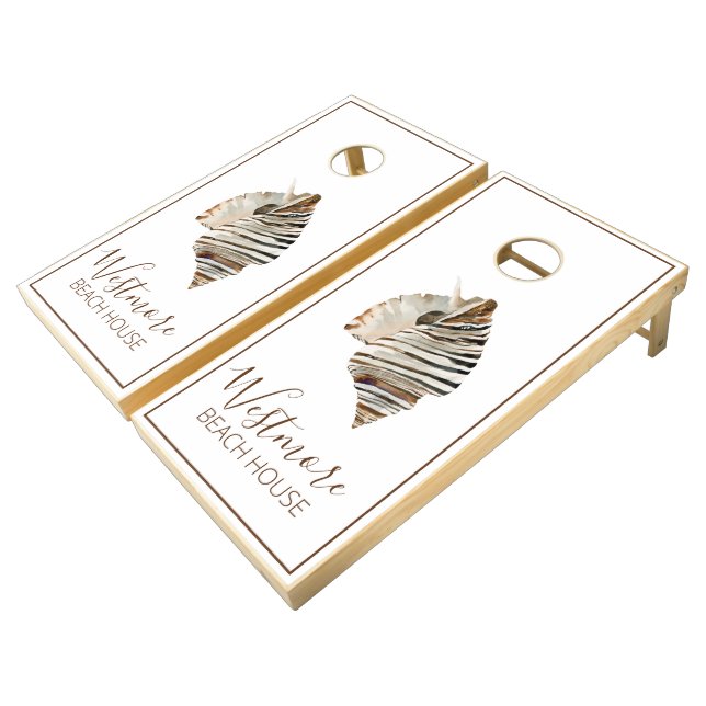 Watercolor Seashell Beach House Cornhole Set (Angled)