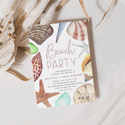 Watercolor Seashell Beach Party Housewarming Invitation