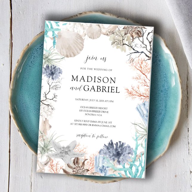 Watercolor Seashell Coral Starfish Seaside Wedding Invitation (Creator Uploaded)
