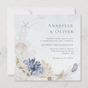 Watercolor Seashell Coral Under The Sea Wedding Invitation