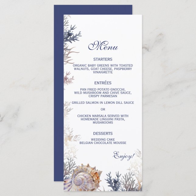 Watercolor Seashell Corals Beach Wedding  Menu (Front/Back)