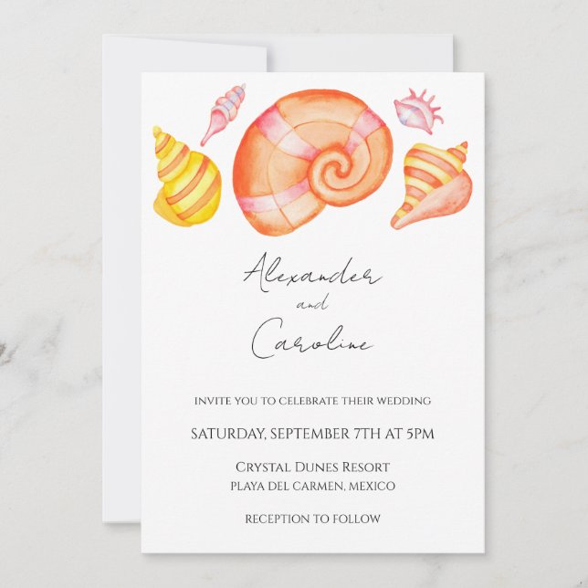Watercolor seashell destination wedding invitation (Front)