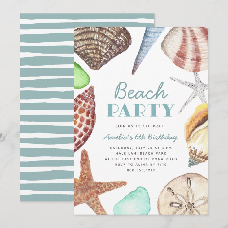 Watercolor Seashell Kids Beach Birthday Party Invitation | Zazzle