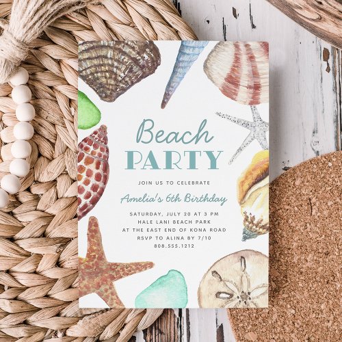 Watercolor Seashell Kids Beach Birthday Party Invitation