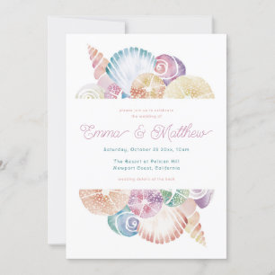 Watercolor Seashell Wedding Details Back, Qr & Invitation