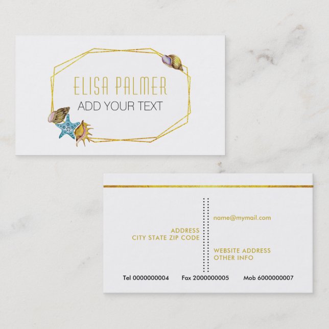 Watercolor seashells and gold foil polygon business card (Front/Back)