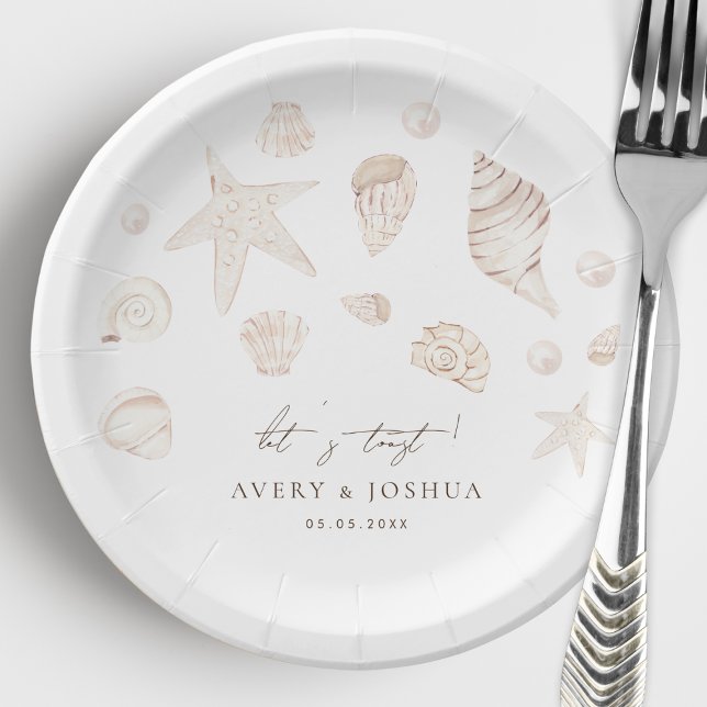 Watercolor Seashells and Pearls Coastal Wedding Paper Plates (Creator Uploaded)