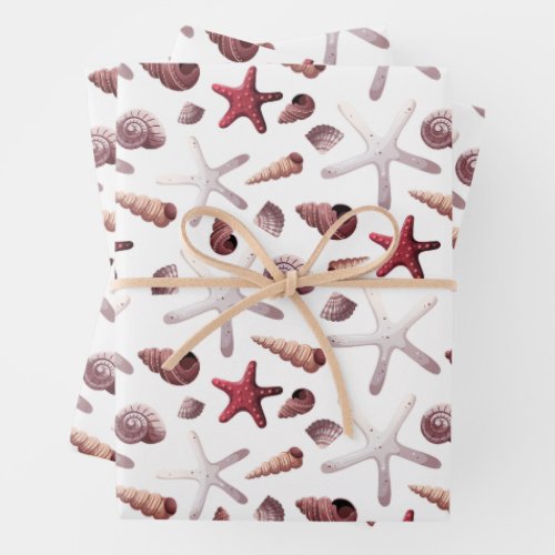 Watercolor Seashells and Starfish Marine Life Wrapping Paper Sheets