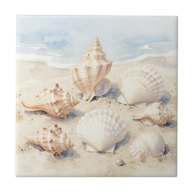 Watercolor Seashells Beach Scene Ceramic Tile (Front)