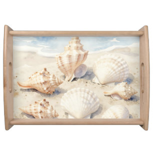 Watercolor Seashells Beach Scene Serving Tray