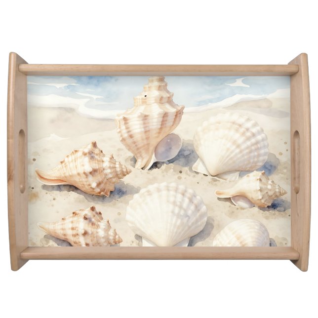 Watercolor Seashells Beach Scene Serving Tray (Front)