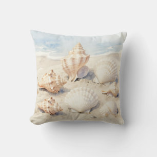 Watercolor Seashells Beach Scene Throw Pillow