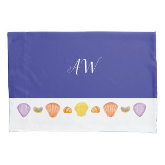 Watercolor Seashells Blue Pillowcase with Monogram