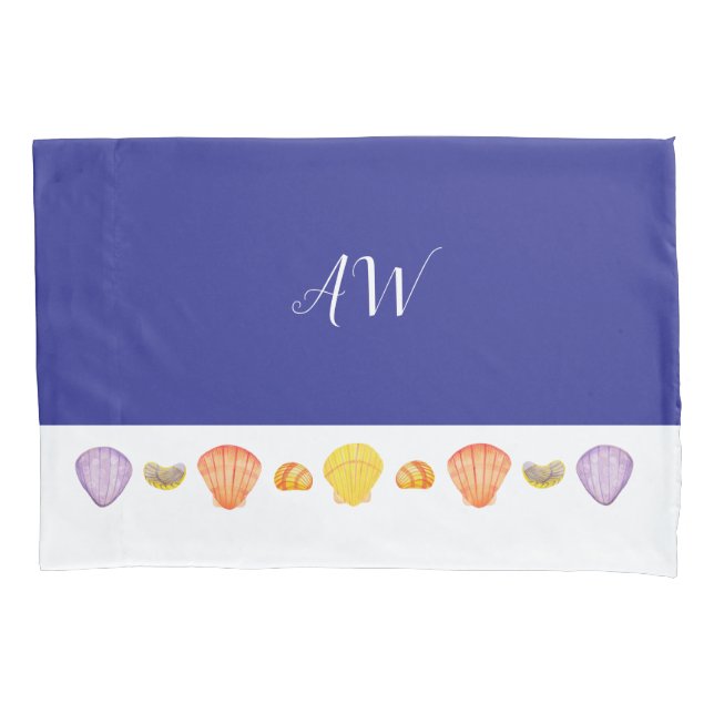 Watercolor Seashells Blue Pillowcase with Monogram (Front)