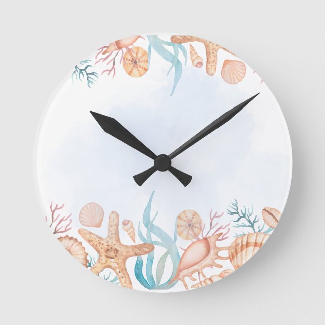 Watercolor Seashells Coastal Wall Clock (Front)