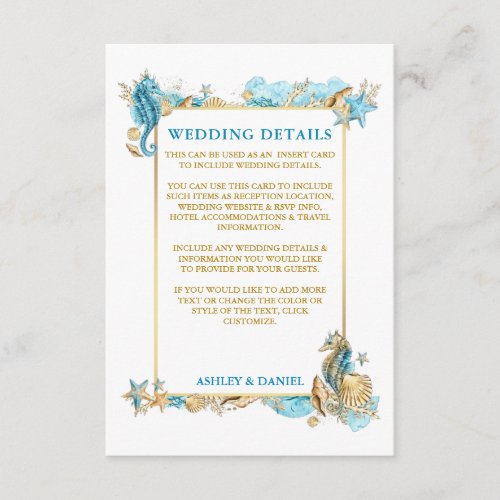 Watercolor Seashells Coral Blue Wedding Details Enclosure Card