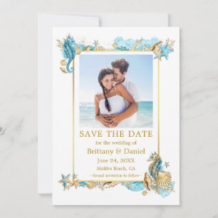 Watercolor Seashells Coral Coastal Blue Gold Save The Date