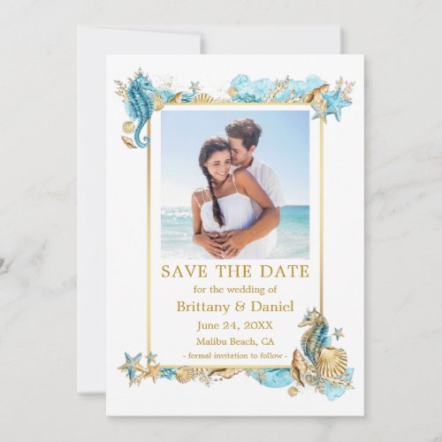 Watercolor Seashells Coral Coastal Blue Gold Save The Date