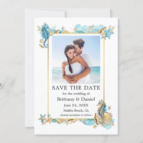 Watercolor Seashells Coral Coastal Blue Save The Date