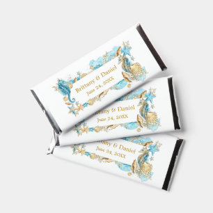 Watercolor Seashells Coral Coastal Blue Wedding Hershey Bar Favors